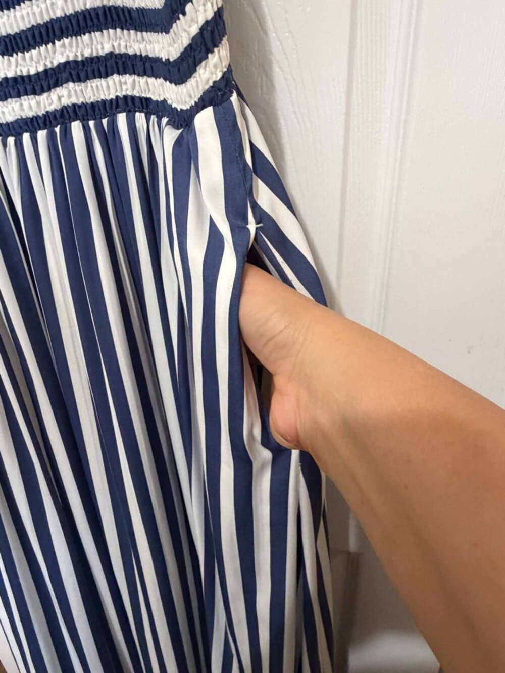 Summersalt Smocked Maxi Dress M Nautical Stripe Blue Mountain Bow Tie - Picture 6 of 13